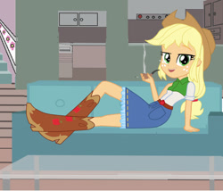 Size: 1280x1098 | Tagged: safe, artist:tenhes24, applejack, human, equestria girls, g4, applejack's hat, belt, boots, clothes, cowboy boots, cowboy hat, cowgirl, denim, denim skirt, hat, high heel boots, indoors, pipe, shirt, shoes, skirt, smoking, solo, stetson