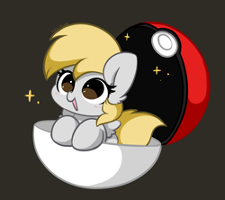 Size: 3820x3386 | Tagged: safe, artist:kittyrosie, derpy hooves, pegasus, pony, g4, black background, blushing, chibi, crossover, cute, derpabetes, female, high res, mare, open mouth, open smile, poké ball, pokémon, simple background, smiling, solo, sparkles, sweet dreams fuel, weapons-grade cute