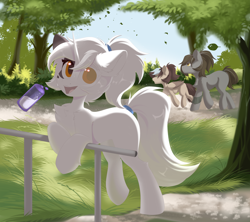 Size: 4096x3644 | Tagged: safe, artist:kebchach, oc, oc only, earth pony, pegasus, pony, unicorn, leaves, tree, water bottle