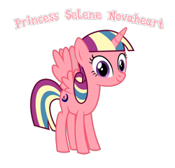 Size: 2540x2440 | Tagged: source needed, safe, anonymous artist, oc, oc only, oc:princess selene novaheart, alicorn, pony, fanfic:cat's cradle, g4, alicorn oc, closed mouth, cute, cutie mark, eyelashes, eyes open, female, full body, happy, high res, hooves, horn, looking at you, mare, multicolored mane, multicolored tail, name, nostrils, offspring, parent:oc:prince nova sparkle, parent:princess flurry heart, parents:canon x oc, princess, product of incest, royalty, shakespearicles, show accurate, simple background, smiling, solo, spread wings, standing, tail, text, transparent background, vector, wings