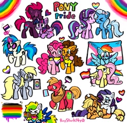 Size: 1665x1610 | Tagged: safe, artist:raystarkitty, applejack, big macintosh, cheese sandwich, derpy hooves, dj pon-3, fluttershy, pinkie pie, rainbow dash, rarity, starlight glimmer, tempest shadow, trixie, twilight sparkle, vinyl scratch, oc, alicorn, earth pony, pegasus, pony, unicorn, g4, asexual, asexual pride flag, autism, bisexual pride flag, demigirl pride flag, eyes closed, female, gay pride flag, genderfluid pride flag, lesbian, lesbian pride flag, male, neckerchief, nonbinary, nonbinary pride flag, one eye closed, pansexual pride flag, peace sign, pride, pride flag, pride month, rainbow, ship:cheesepie, ship:flutterdash, ship:rarijack, ship:startrix, ship:tempestlight, shipping, simple background, straight, trans trixie, transgender, transgender pride flag, transmasculine pride flag, twilight sparkle (alicorn), white background