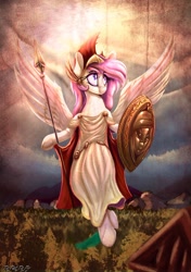 Size: 2000x2841 | Tagged: safe, artist:to_fat_to_fly, oc, oc only, oc:athena (shawn keller), pegasus, pony, guardians of pondonia, clothes, female, flying, hoof hold, mare, shield, solo, spear, spread wings, sunlight, toga, weapon, wings