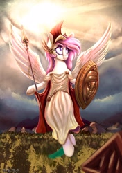 Size: 2000x2841 | Tagged: safe, alternate version, artist:to_fat_to_fly, oc, oc only, oc:athena (shawn keller), pegasus, pony, guardians of pondonia, clothes, female, flying, hoof hold, mare, shield, solo, spear, spread wings, sunlight, toga, weapon, wings