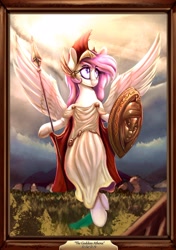 Size: 2000x2841 | Tagged: safe, alternate version, artist:to_fat_to_fly, oc, oc only, oc:athena (shawn keller), pegasus, pony, guardians of pondonia, clothes, female, flying, hoof hold, mare, picture frame, shield, solo, spear, spread wings, sunlight, toga, weapon, wings