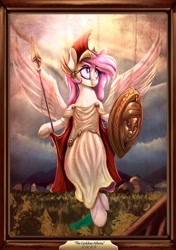 Size: 2000x2841 | Tagged: safe, alternate version, artist:to_fat_to_fly, oc, oc only, oc:athena (shawn keller), pegasus, pony, guardians of pondonia, clothes, female, flying, hoof hold, mare, picture frame, shield, solo, spear, spread wings, sunlight, toga, weapon, wings