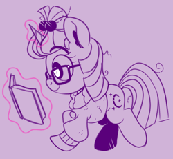 Size: 1000x920 | Tagged: safe, artist:yokokinawa, moondancer, pony, unicorn, g4, book, clothes, cute, dancerbetes, eyebrows, eyebrows visible through hair, female, glasses, glowing, glowing horn, horn, magic, magic aura, mare, reading, smiling, solo, sweater