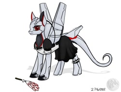 Size: 1002x763 | Tagged: safe, artist:wyntermoon, oc, oc:xr-47 primax, original species, pony, robot, robot pony, apron, clothes, colored belly, dark belly, dress, dress uniform, duster, female, maid, mare, red eyes, simple background, slender, solo, thin, unhappy, white background