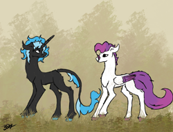 Size: 4096x3112 | Tagged: safe, artist:hrabiadeblacksky, oc, oc only, oc:hrabia de black sky, oc:miltti, bat pony, hybrid, kirin, pegasus, pony, blue hair, duo, ears back, feathered wings, folded wings, forest, grass, horn, ping, signature, white, wings