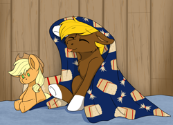 Size: 4040x2928 | Tagged: safe, artist:rokosmith26, applejack, oc, oc:acres, earth pony, pony, g4, :p, applejack's hat, blanket, cheek fluff, chest fluff, commission, cowboy hat, earth pony oc, eyes closed, floppy ears, hat, hay bale, looking up, male, plushie, pony plushie, sitting, smiling, solo, stallion, tongue out, underhoof, ych result