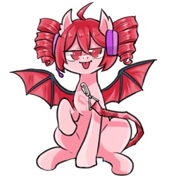 Size: 1200x1200 | Tagged: safe, artist:yukkuri_yu_yu, bat pony, pony, bat wings, female, headphones, kasane teto, looking at you, mare, ponified, raised hoof, simple background, sitting, solo, spread wings, teto, tongue out, vocaloid, white background, wings