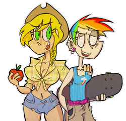 Size: 547x528 | Tagged: safe, artist:b-marble, applejack, rainbow dash, human, g4, apple, duo, food, front knot midriff, humanized, midriff, simple background, skateboard, transparent background