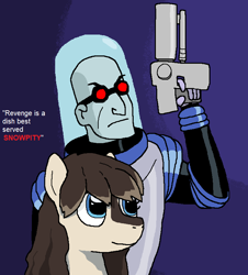 Size: 702x778 | Tagged: safe, artist:pantsuholocaust, oc, oc:frosty flakes, human, pony, yakutian horse, batman the animated series, crossover, dc comics, duo, female, gun, mare, mr. freeze, snowpity, text, weapon