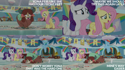 Size: 1280x720 | Tagged: safe, edit, edited screencap, editor:quoterific, screencap, angel bunny, fluttershy, rainbow dash, rarity, yona, pegasus, pony, unicorn, yak, g4, season 9, she's all yak, eyes closed, female, flying, male, mare, one eye closed, open mouth, open smile, smiling, spread wings, text, wings, wink