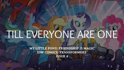 Size: 1280x720 | Tagged: safe, edit, editor:quoterific, idw, applejack, fluttershy, pinkie pie, rainbow dash, rarity, earth pony, pegasus, pony, unicorn, g4, applejack's hat, cowboy hat, female, flying, hat, mare, matrix of leadership, open mouth, spread wings, text, transformers, wings