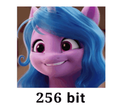 Size: 542x478 | Tagged: safe, edit, edited screencap, editor:dematrix-edit, screencap, izzy moonbow, pony, unicorn, g5, my little pony: a new generation, spoiler:my little pony: a new generation, animated, female, gif, mare, meme, not salmon, pixelated, smiling, text, the wrist game, wat