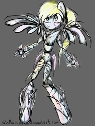 Size: 1500x2000 | Tagged: safe, artist:katemaximova, pegasus, robot, anthro, gray background, simple background, solo, wings