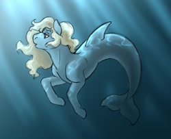Size: 1280x1040 | Tagged: safe, artist:kudalyn, oc, oc only, hippocampus, merpony, seapony (g4), crepuscular rays, digital art, dorsal fin, female, fish tail, flowing mane, mare, ocean, open mouth, solo, sunlight, swimming, tail, underwater, water, yellow mane