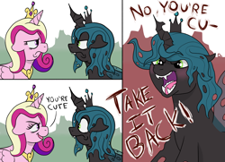 Size: 4928x3577 | Tagged: safe, artist:doodledonutart, princess cadance, queen chrysalis, alicorn, changeling, changeling queen, pony, g4, blushing, comic, crown, female, floppy ears, frown, jewelry, looking at each other, looking at someone, open mouth, open smile, regalia, smiling, tsundalis, tsundere, yelling