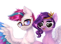 Size: 2500x1800 | Tagged: safe, artist:avrameow, pipp petals, zipp storm, pegasus, pony, g5, colored wings, duo, duo female, ear fluff, female, fluffy, glasses, heart shaped glasses, looking at you, mare, multicolored wings, open mouth, open smile, siblings, simple background, sisters, smiling, smiling at you, spread wings, sunglasses, white background, wings