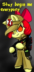 Size: 611x1262 | Tagged: safe, artist:arielsbx, apple bloom, earth pony, pony, g4, bipedal, clothes, female, filly, foal, ghostbusters, hat, pants, solo, weapon