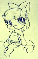 Size: 503x775 | Tagged: safe, artist:sechst_himmel, apple bloom, earth pony, pony, g4, clothes, female, filly, foal, sitting, sketch, solo, swimsuit, traditional art, two-piece swimsuit