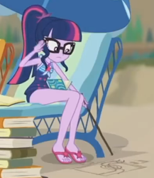 Size: 392x451 | Tagged: safe, screencap, sci-twi, twilight sparkle, human, equestria girls, friendship math, g4, my little pony equestria girls: better together, adjusting glasses, bare shoulders, book, clothes, concentrating, cropped, feet, female, geode of telekinesis, glasses, jewelry, magical geodes, necklace, one-piece swimsuit, sandals, sci-twi swimsuit, sleeveless, solo, stick, swimsuit, that pony sure does love books