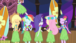 Size: 1920x1080 | Tagged: safe, screencap, applejack, fluttershy, pinkie pie, rainbow dash, rarity, twilight sparkle, human, equestria girls, g4, shake your tail, animation error, clothes, eyes closed, feet, grass skirt, hula, humane five, humane six, sandals, skirt, sleeveless, they just didn't care