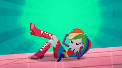 Size: 1920x1080 | Tagged: safe, screencap, rainbow dash, eqg summertime shorts, equestria girls, raise this roof, animated, belt, boots, clothes, cutie mark on clothes, dance floor, fall formal outfits, female, fingerless gloves, gloves, shoes, sleeveless, smiling, solo, sound, webm