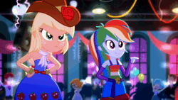 Size: 1920x1080 | Tagged: safe, screencap, applejack, rainbow dash, scribble dee, teddy t. touchdown, eqg summertime shorts, equestria girls, raise this roof, animated, bare shoulders, belt, canterlot high, clothes, cowboy hat, crossed arms, cutie mark on clothes, devil horn (gesture), duo, duo female, duo focus, eyes closed, fall formal outfits, female, hand on hip, hat, male, night, open mouth, open smile, sleeveless, smiling, sound, strapless, webm