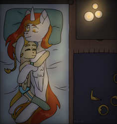 Size: 3456x3672 | Tagged: artist needed, source needed, safe, golden feather, princess celestia, oc, oc:king phoenix, alicorn, pegasus, pony, g4, spoiler:comic, spoiler:comic65, alicorn oc, bed, candle, canon x oc, clothes, duo, female, high res, horn, hug, jewelry, light, male, night, regalia, royalty, straight, underwear, wings