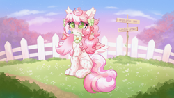 Size: 3840x2160 | Tagged: safe, artist:confetticakez, oc, oc only, pegasus, pony, clothes, female, fence, flower, flower in mouth, grass, high res, mare, mouth hold, outdoors, sign, sitting, socks, solo, wings