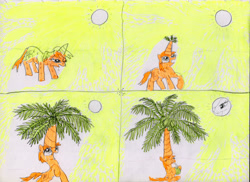 Size: 4000x2915 | Tagged: safe, artist:ja0822ck, princess celestia, oc, alicorn, pony, unicorn, g4, coconut, coconut tree, food, looking at you, palm tree, sun, traditional art, transformation, tree