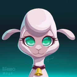 Size: 1024x1024 | Tagged: safe, artist:nifaumo, pom (tfh), lamb, sheep, them's fightin' herds, bell, bell collar, bust, collar, community related, female, front view, gradient background, looking at you, no pupils, signature, solo, teal background