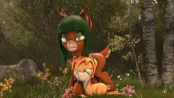 Size: 3840x2160 | Tagged: safe, artist:donglysfm, oc, oc:fireberry, oc:tea tree, deer, fawn, 3d, 4k, antlers, deer oc, doe, don't talk to me or my son ever again, female, flower, forest, high res, meme, mother and child, mother and daughter, non-pony oc, revamped ponies, source filmmaker, this will end in pain, tree