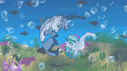 Size: 1920x1080 | Tagged: safe, artist:ahernstables, oc, oc only, fish, hippocampus, merpony, seapony (g4), blue eyes, blue mane, bubble, coral, digital art, female, filter, fish tail, flowing mane, flowing tail, looking at each other, looking at someone, male, mare, ocean, open mouth, seaweed, smiling, stallion, tail, underwater, water