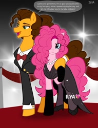 Size: 1300x1700 | Tagged: safe, artist:ilyabethnard, cheese sandwich, pinkie pie, earth pony, pony, alternate hairstyle, bowtie, carpet, cheesepie, clothes, dialogue, dress, female, high heels, jewelry, lidded eyes, male, necklace, pearl necklace, red carpet, shipping, shoes, smiling, stockings, straight, thigh highs, tuxedo