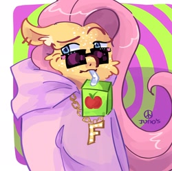 Size: 2048x2033 | Tagged: safe, artist:dmitrymemovznok, fluttershy, pegasus, pony, g4, cheek fluff, clothes, cocked eyebrow, ear fluff, freckles, high res, hoodie, jewelry, juice, juice box, necklace, solo, sunglasses