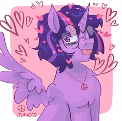 Size: 2048x2033 | Tagged: safe, artist:dmitrymemovznok, twilight sparkle, alicorn, pony, g4, :p, alternate hairstyle, chest fluff, freckles, glasses, heart, high res, looking at you, raspberry, round glasses, smiling, solo, spread wings, tongue out, twilight sparkle (alicorn), wings