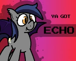 Size: 1000x800 | Tagged: safe, artist:batponyecho, oc, oc only, oc:echo, bat pony, pony, banned from equestria daily, fangs, smiling, solo, splash art, spread wings, style emulation, wings, ya got