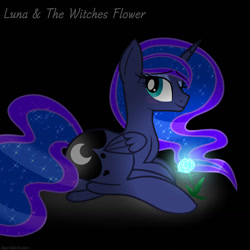 Size: 1280x1280 | Tagged: safe, artist:sugarcubecreationz, princess luna, alicorn, pony, g4, dark background, ethereal mane, female, flower, glowing, looking at you, mare, movie reference, one eye closed, photo, reference, simple background, smiling, solo, starry mane, starry tail, studio ghibli, tail, wink, winking at you