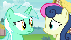 Size: 1280x720 | Tagged: safe, screencap, bon bon, lyra heartstrings, sweetie drops, earth pony, pony, unicorn, g4, season 7, triple threat, confused, duo, duo female, female, frown, looking at each other, looking at someone, mare, ponyville