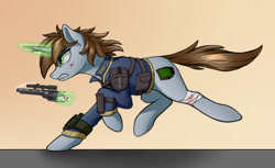 Size: 1942x1192 | Tagged: safe, artist:qwq2233, oc, oc only, oc:littlepip, pony, unicorn, fallout equestria, abstract background, bandage, blood, clothes, female, glowing, glowing horn, gritted teeth, gun, handgun, horn, injured, jumpsuit, knife, levitation, little macintosh, magic, mare, pipbuck, revolver, running, side view, solo, teeth, telekinesis, unicorn oc, vault suit, weapon