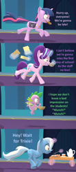 Size: 1920x4320 | Tagged: safe, artist:red4567, spike, starlight glimmer, trixie, twilight sparkle, alicorn, dragon, pony, unicorn, g4, 3d, bacon, bread, coffee, comic, egg, female, folder, food, funny, funny as hell, glowing, glowing horn, horn, humor, irony, late, levitation, magic, mare, meat, munching, ponies eating meat, running, schoolgirl toast, serial escalation, source filmmaker, table, tea, tea set, telekinesis, toast, twilight sparkle (alicorn), winged spike, wings