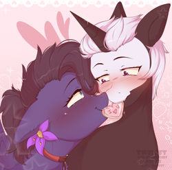 Size: 2251x2230 | Tagged: safe, artist:twisoft, oc, oc only, oc:kennel nightshade, oc:s.leech, pegasus, pony, unicorn, blushing, cookie, female, flower, flower in hair, food, high res, lesbian, mare, oc x oc, shipping