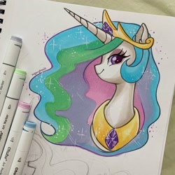 Size: 2048x2048 | Tagged: safe, artist:sugar.ghoulz, artist:sugarghoulz, princess celestia, alicorn, pony, g4, bust, crown, eyeshadow, female, high res, jewelry, lidded eyes, looking at you, makeup, mare, marker drawing, peytral, regalia, smiling, solo, traditional art
