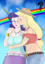 Size: 1240x1754 | Tagged: safe, artist:wolfjarl, applejack, rarity, human, equestria girls, g4, abs, big breasts, breasts, busty applejack, busty rarity, cheek kiss, duo, embrace, eyes closed, female, geode of shielding, geode of super strength, human coloration, kissing, lesbian, magical geodes, midriff, one eye closed, open mouth, open smile, pride month, rainbow, ship:rarijack, shipping, smiling