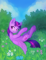Size: 2000x2600 | Tagged: safe, artist:asimos, twilight sparkle, alicorn, pony, g4, cute, female, flower, grass, high res, horn, lying down, mare, on back, outdoors, solo, spread wings, twiabetes, twilight sparkle (alicorn), wings