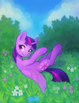 Size: 2000x2600 | Tagged: safe, artist:asimos, twilight sparkle, alicorn, pony, cute, female, flower, high res, lying down, mare, on back, solo, spread wings, twiabetes, twilight sparkle (alicorn), wings