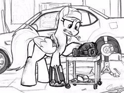 Size: 4000x3000 | Tagged: safe, artist:selenophile, oc, oc only, pegasus, pony, car, differential, fixing, jack, mechanic, monochrome, open mouth, solo, tools, vehicle, wrench