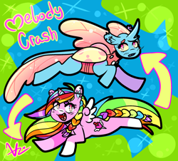 Size: 1968x1779 | Tagged: safe, artist:dewdropdodomeki, oc, oc:melody crash, alicorn, changeling, pony, alicorn oc, changeling oc, disguise, disguised changeling, female, horn, multicolored hair, rainbow hair, wings